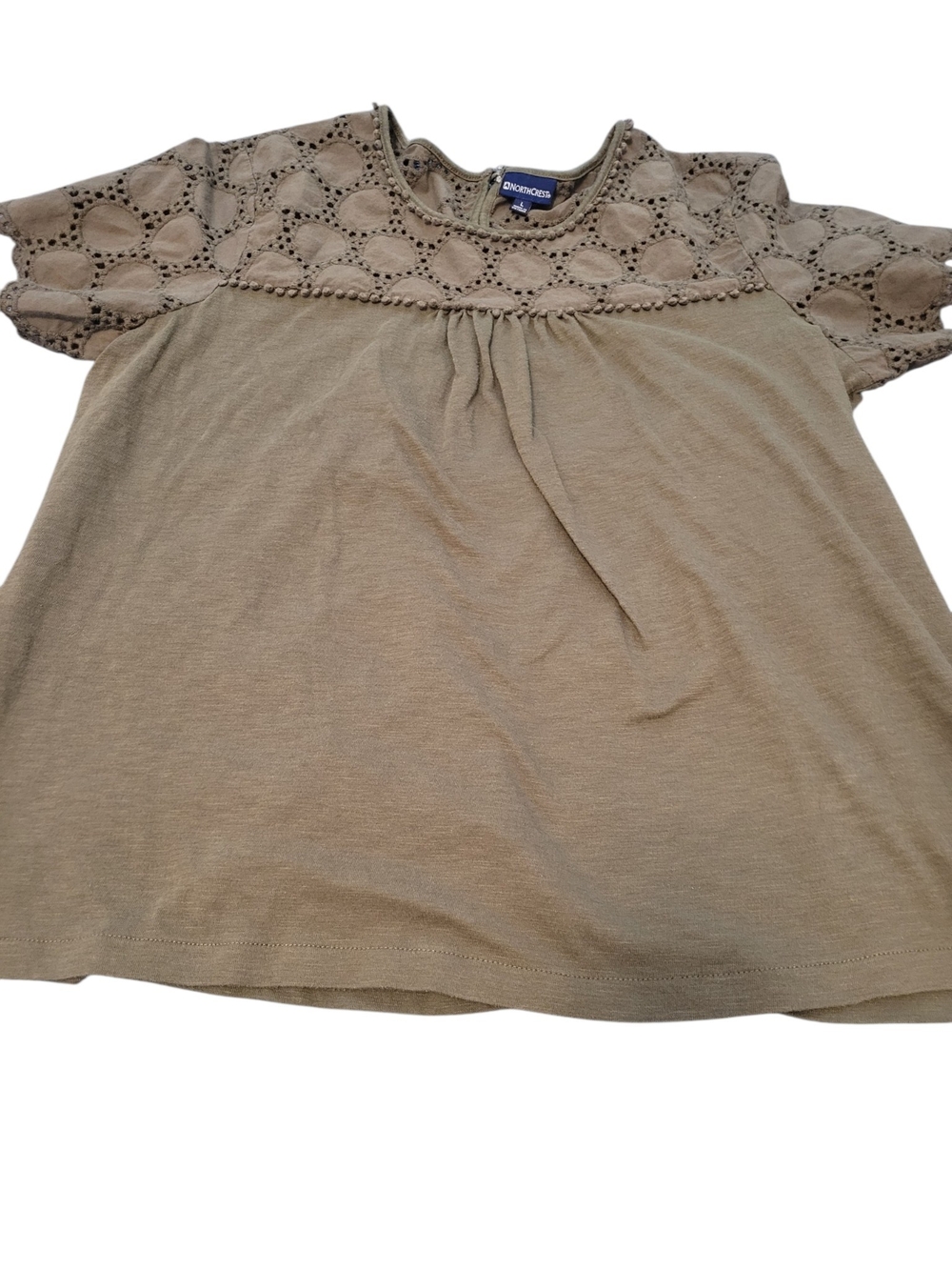 North Crest Women’s L Olive Green Boho Babydoll Top Embroidered Eyelet Pom Pom